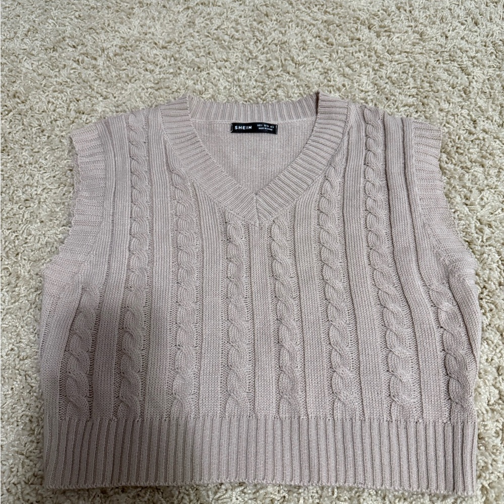 SHEIN Women's V-Neck Cable Knit Sweater Vest - Tan